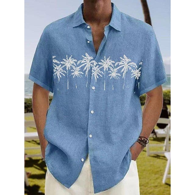 image-Explosive European and American men's short-sleeved lapel autumn hemp shirt coconut tree 3D printing AliExpress 2023 foreign trade one piece straight hair