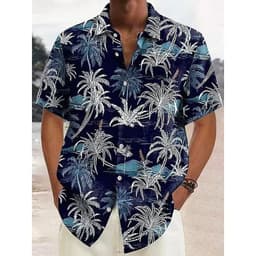 image-Explosive European and American men's short-sleeved lapel autumn hemp shirt coconut tree 3D printing AliExpress 2023 foreign trade one piece straight hair