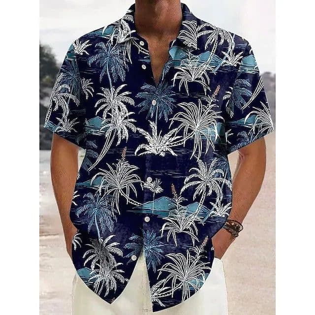 image-Explosive European and American men's short-sleeved lapel autumn hemp shirt coconut tree 3D printing AliExpress 2023 foreign trade one piece straight hair