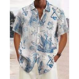 image-Explosive European and American men's short-sleeved lapel autumn hemp shirt coconut tree 3D printing AliExpress 2023 foreign trade one piece straight hair
