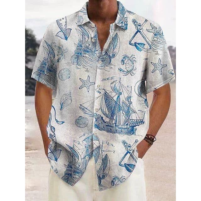 image-Explosive European and American men's short-sleeved lapel autumn hemp shirt coconut tree 3D printing AliExpress 2023 foreign trade one piece straight hair