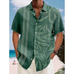 image-Explosive European and American men's short-sleeved lapel autumn hemp shirt coconut tree 3D printing AliExpress 2023 foreign trade one piece straight hair
