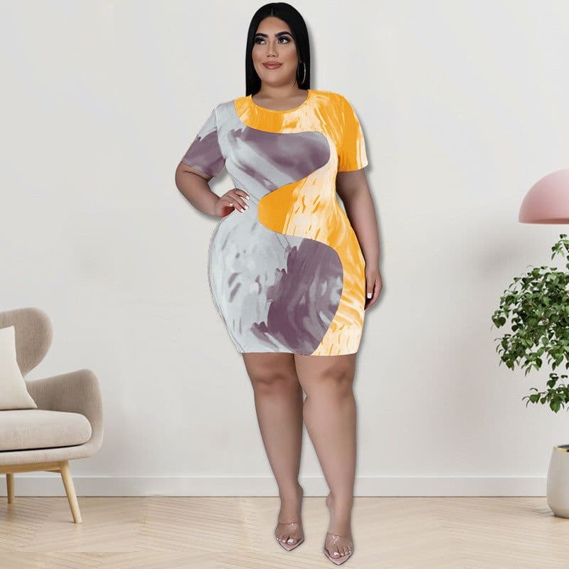 image-Plus-Size Women's Color Block Print Summer Dress 5XL