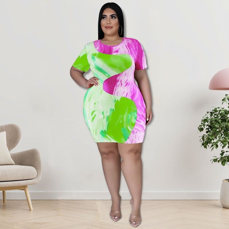 image-Plus-Size Women's Color Block Print Summer Dress 5XL