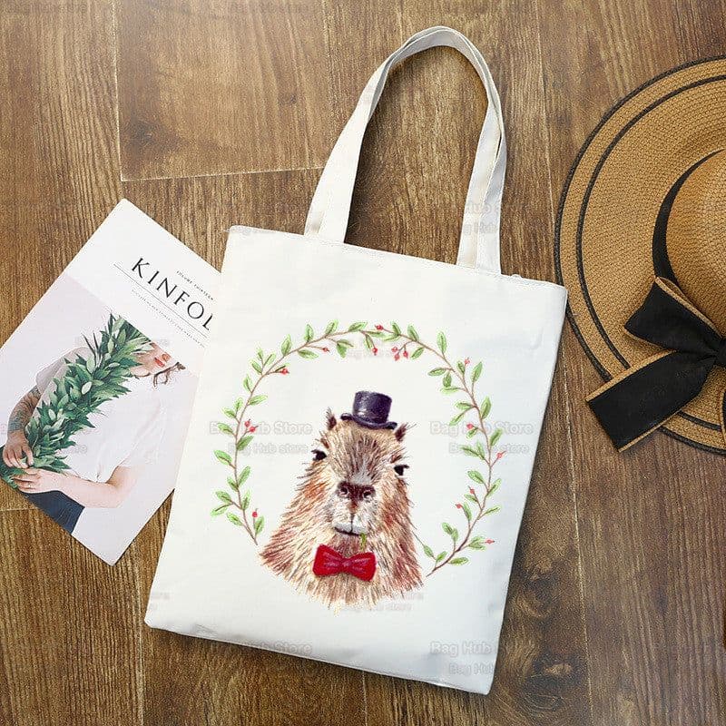 image-Capybara Print Canvas Shoulder Bag