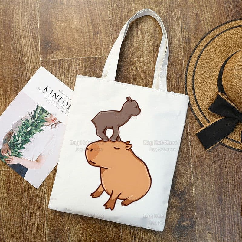image-Capybara Print Canvas Shoulder Bag