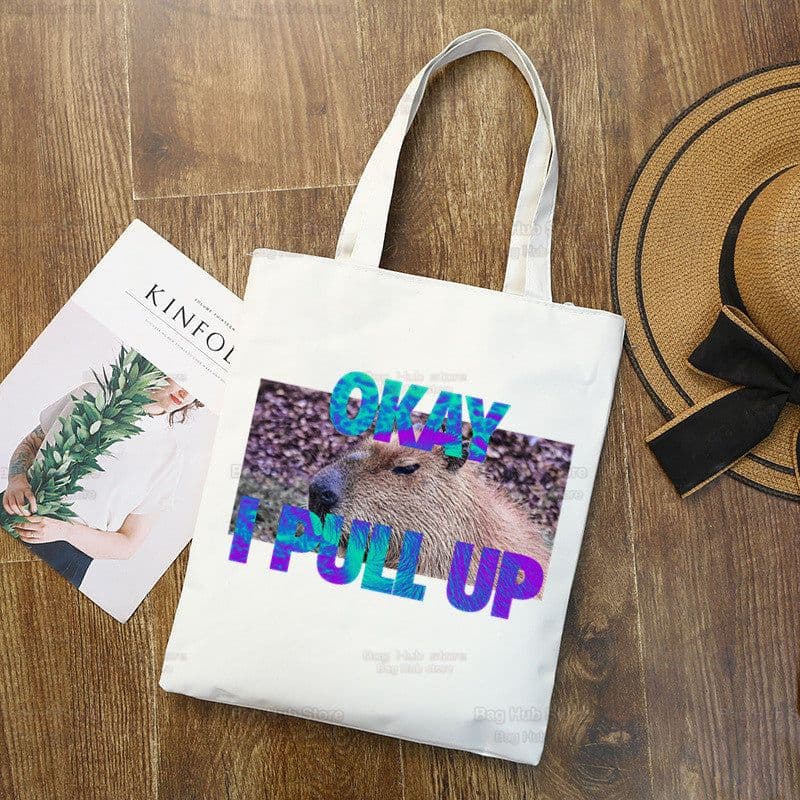 image-Capybara Print Canvas Shoulder Bag