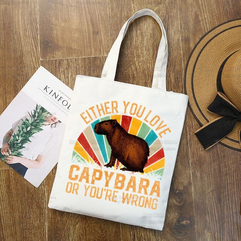 image-Capybara Print Canvas Shoulder Bag