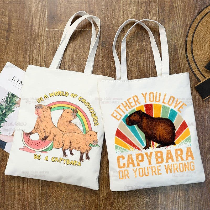 image-Capybara Print Canvas Shoulder Bag
