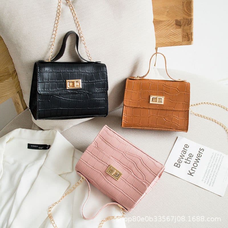 image-Crocodile Pattern PU Small Square Handbag Brown