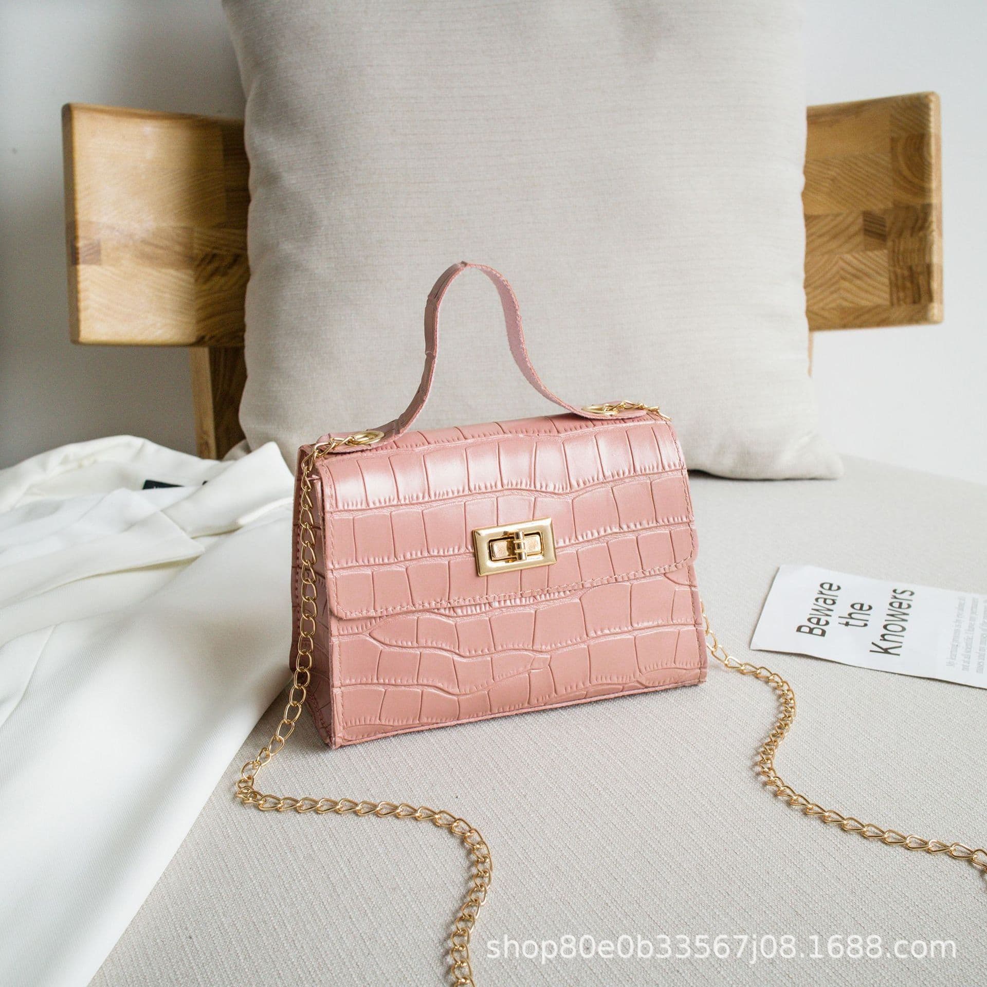 image-Crocodile Pattern PU Small Square Handbag Brown