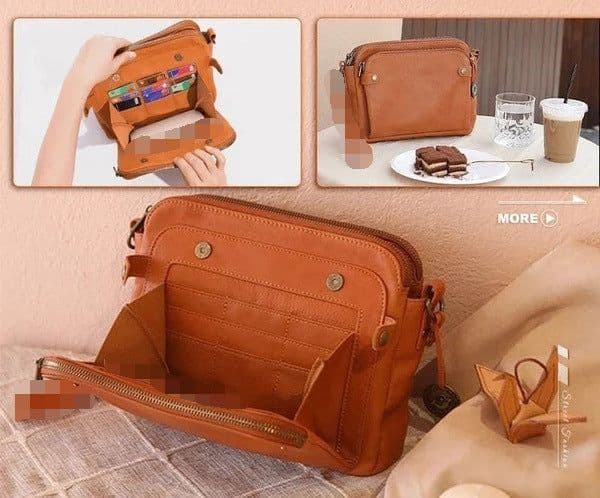 image-Retro Three-Layer Leather Messenger Bag Black