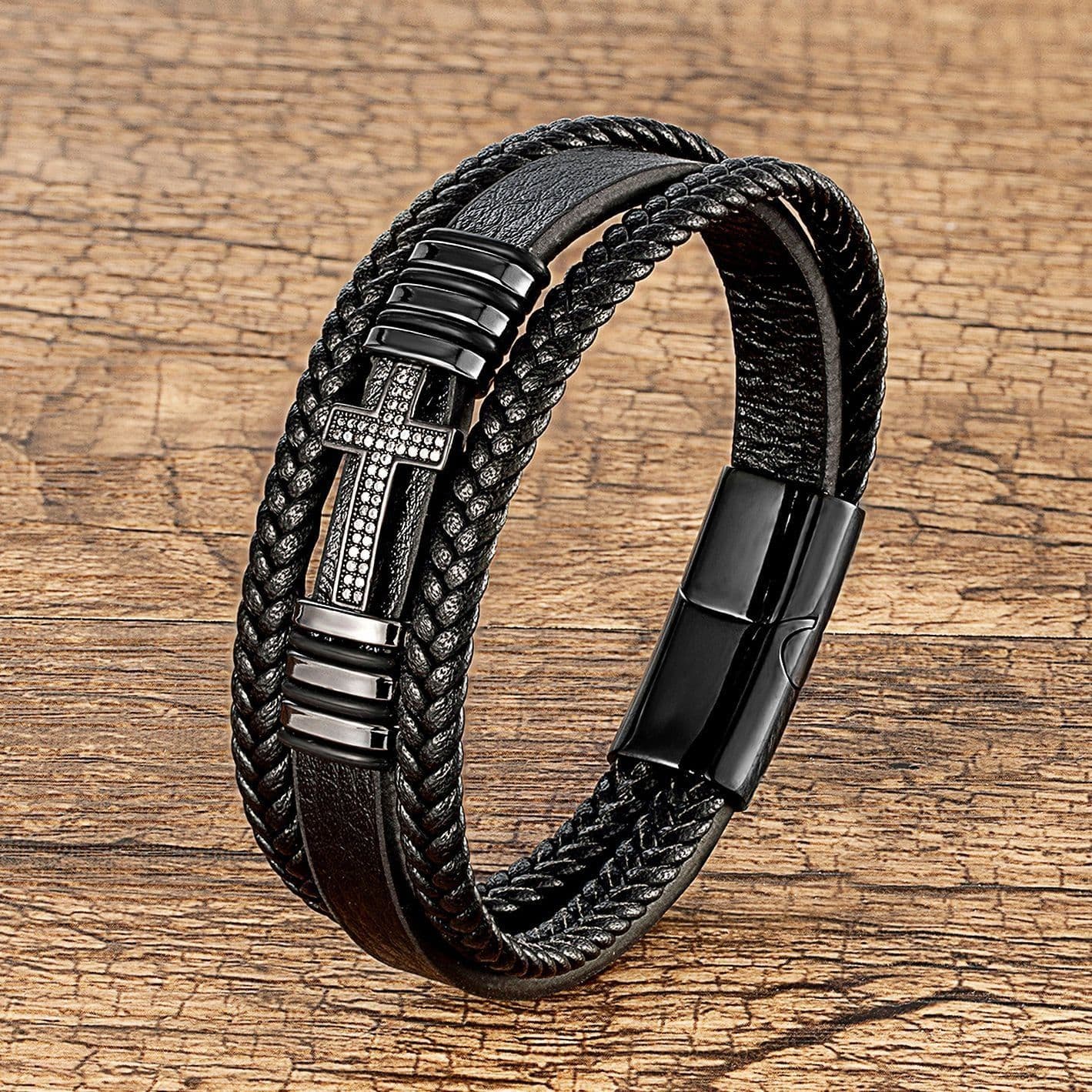 image-Metal Cross Zircon Leather Bracelet Stainless Steel