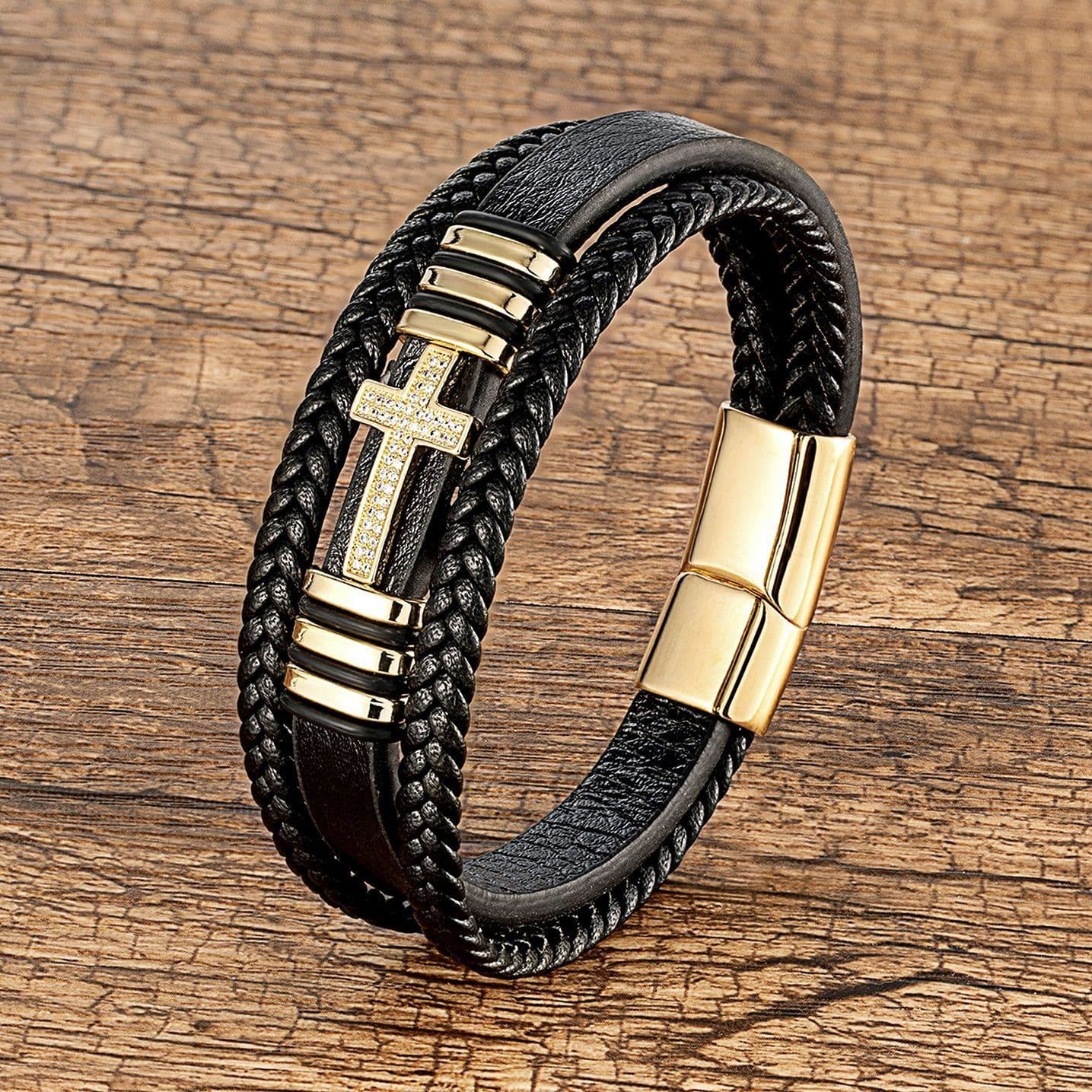 image-Metal Cross Zircon Leather Bracelet Stainless Steel