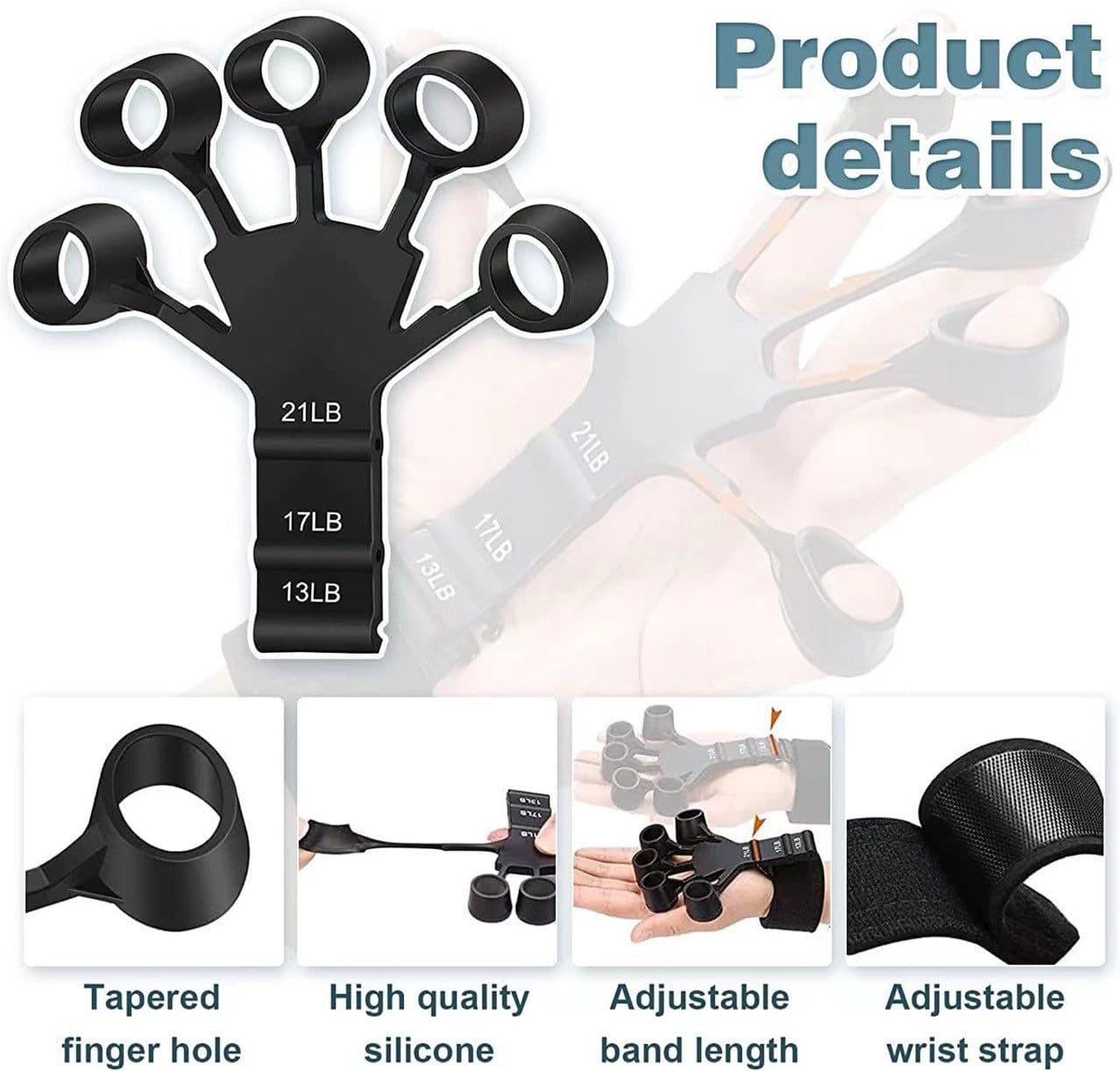 image-Finger Strengthener Grip Trainer, Black with Wristband