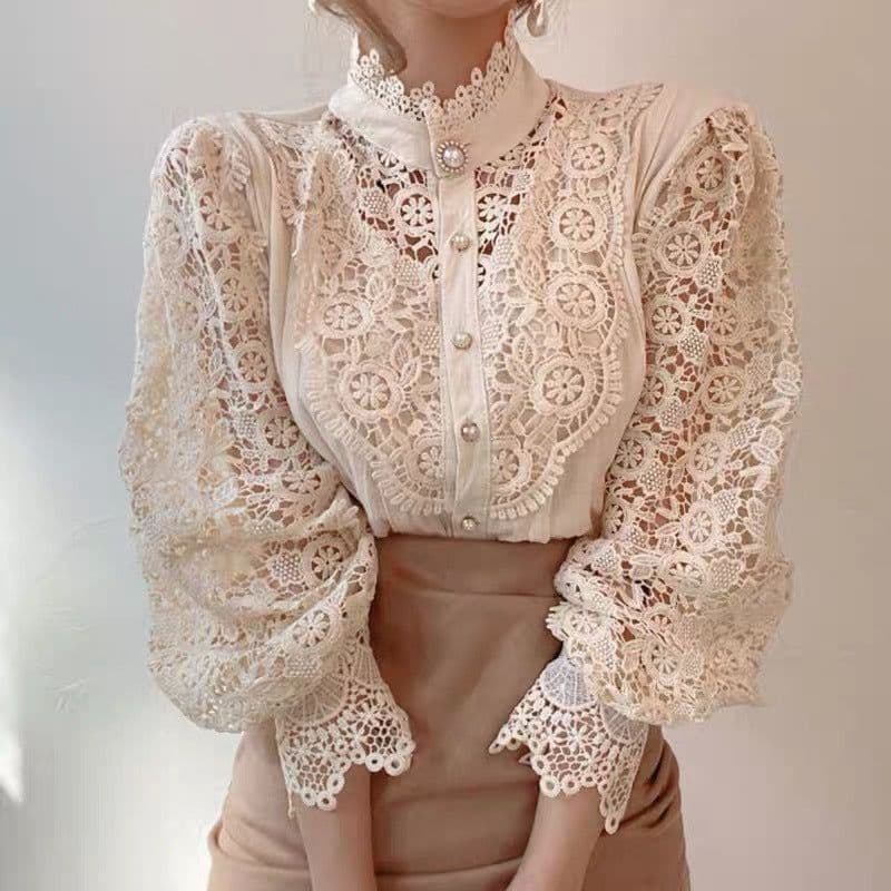 image-Women's Lace Long Sleeve Cardigan Shirt Apricot
