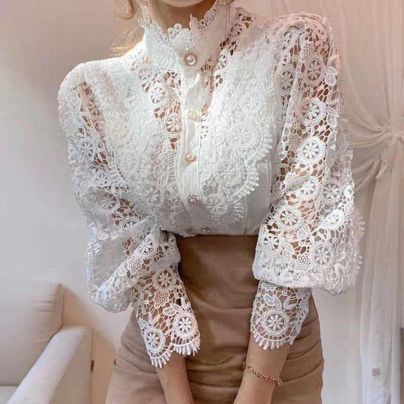image-Women's Lace Long Sleeve Cardigan Shirt Apricot