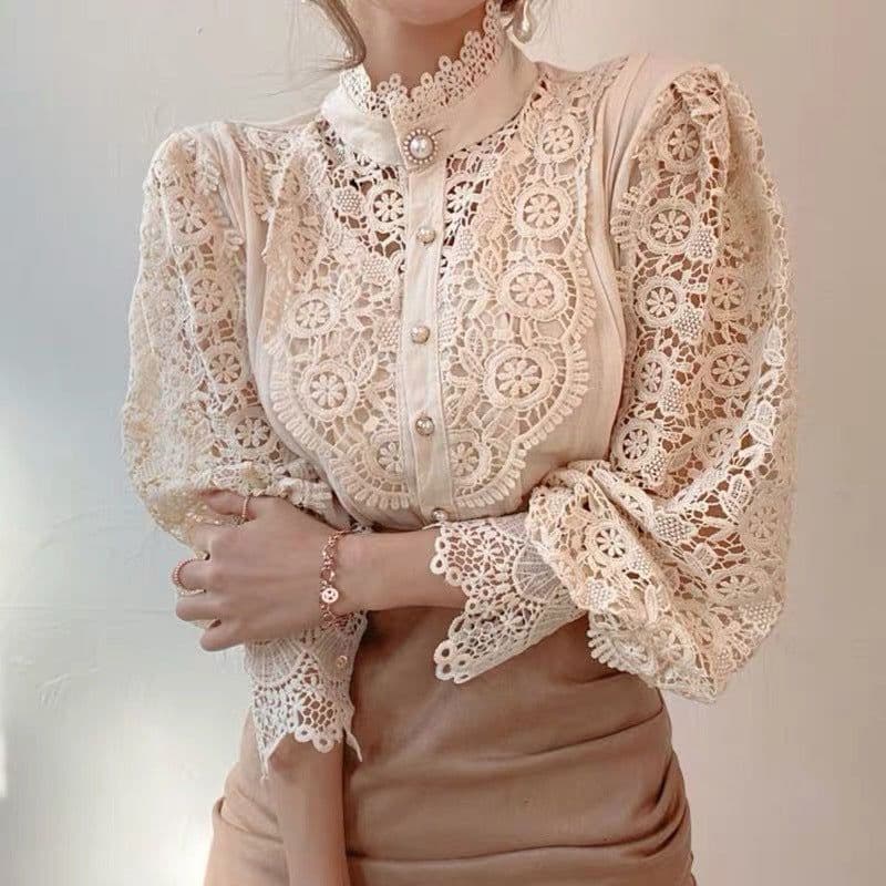 image-Women's Lace Long Sleeve Cardigan Shirt Apricot