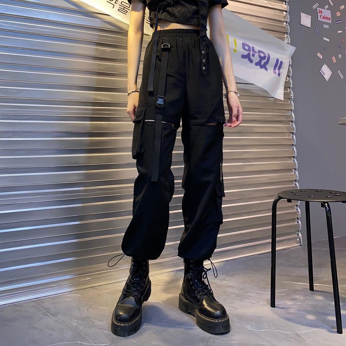 image-Black High Waist Cotton Casual Pants Women