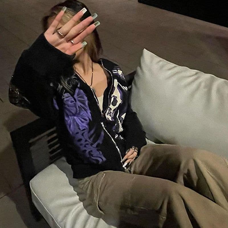 image-Skull Print Hooded Cardigan Zip Sweater Jacket Women