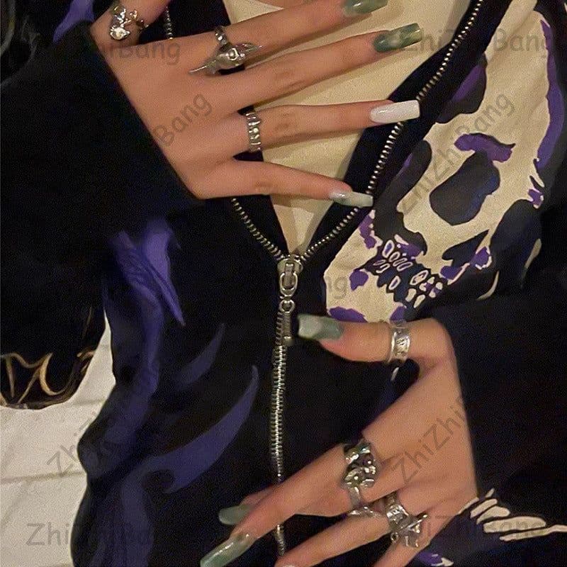 image-Skull Print Hooded Cardigan Zip Sweater Jacket Women