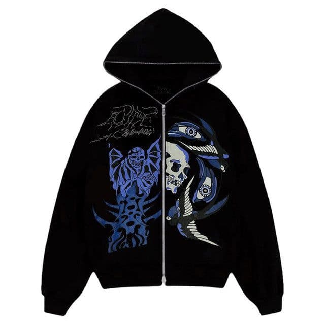 image-Skull Print Hooded Cardigan Zip Sweater Jacket Women