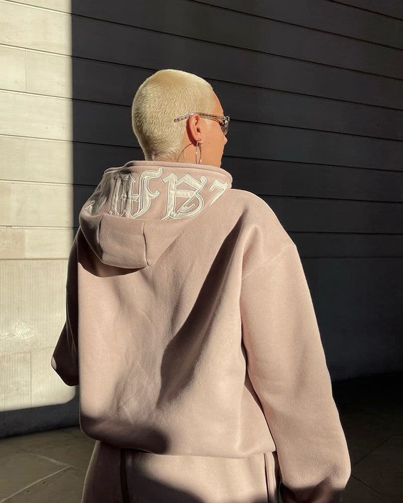 image-Khaki Hooded Fleece Zip Cardigan with Diamond Embroidery