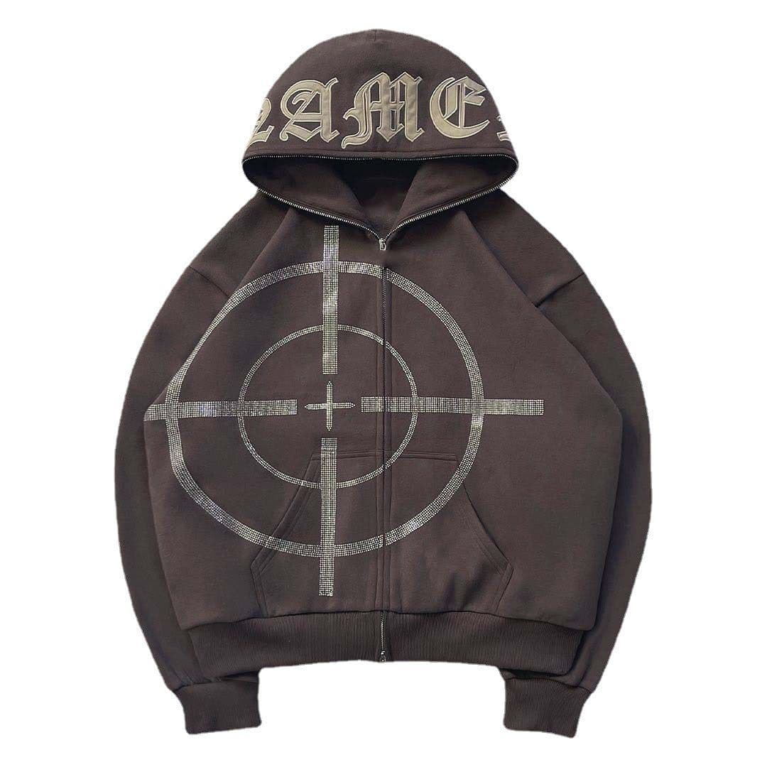 image-Khaki Hooded Fleece Zip Cardigan with Diamond Embroidery