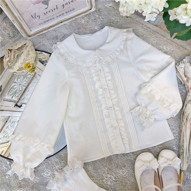 image-Velvet Lolita Shirt Doll Collar Puff Sleeve White XL