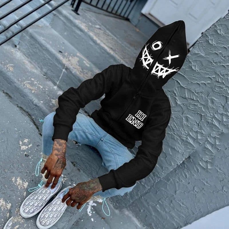 image-Black Polyester Hooded Zip Cardigan