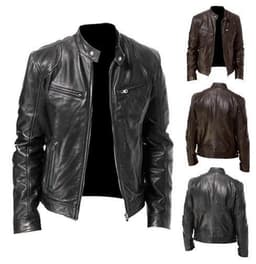 image-Men's Leather Motorcycle Jacket Stand-Up Collar