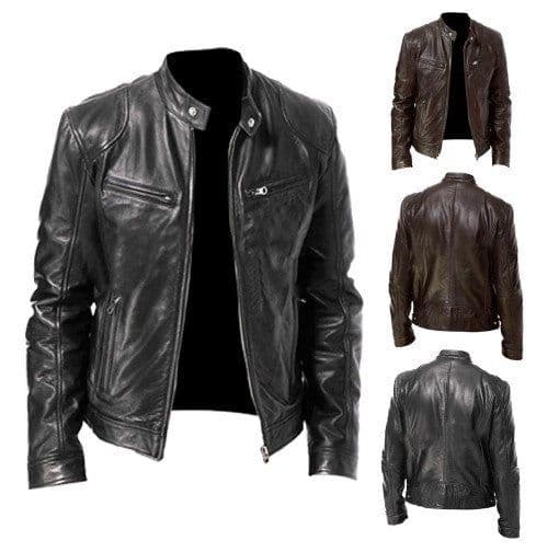 image-Men's Leather Motorcycle Jacket Stand-Up Collar