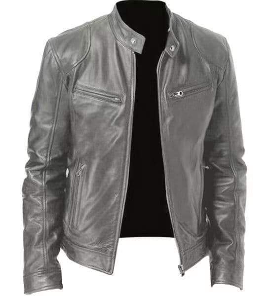 image-Men's Leather Motorcycle Jacket Stand-Up Collar