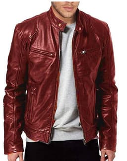 image-Men's Leather Motorcycle Jacket Stand-Up Collar
