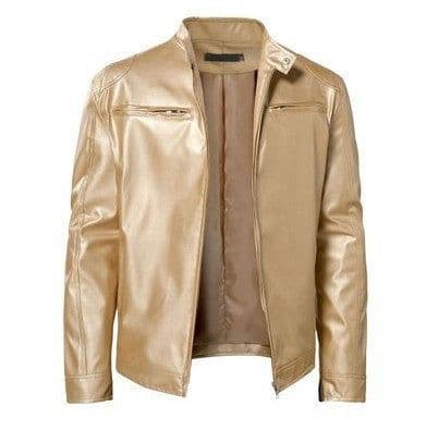image-Men's Leather Motorcycle Jacket Stand-Up Collar