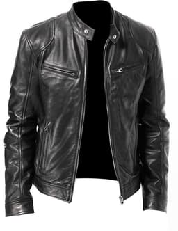 image-Men's Leather Motorcycle Jacket Stand-Up Collar