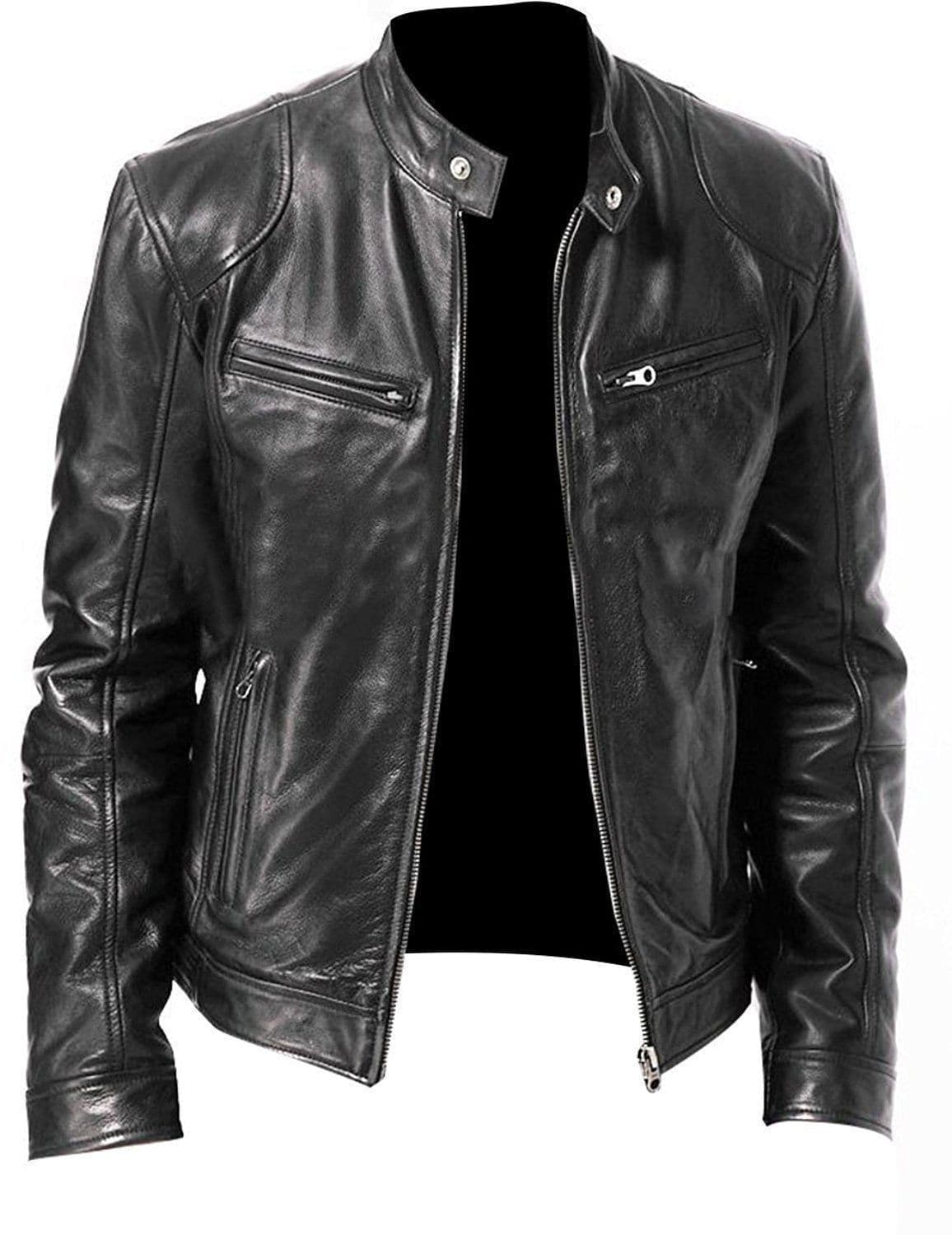 image-Men's Leather Motorcycle Jacket Stand-Up Collar