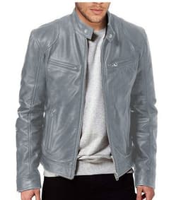 image-Men's Leather Motorcycle Jacket Stand-Up Collar