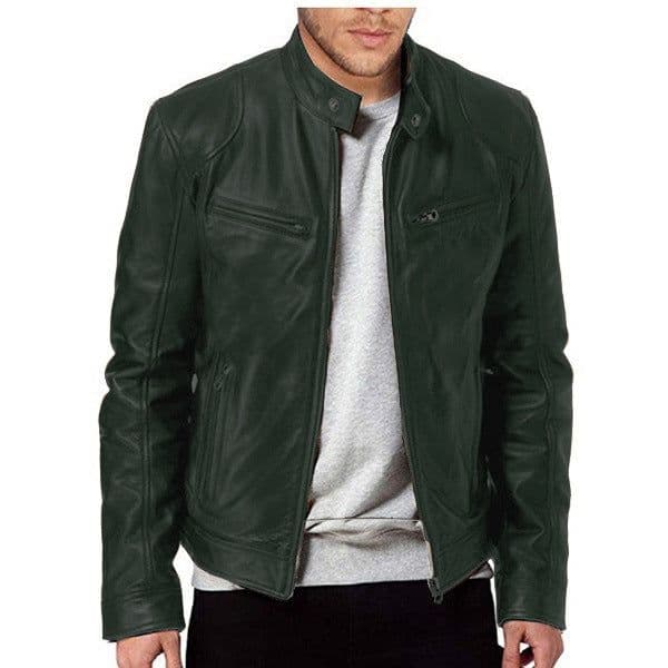 image-Men's Leather Motorcycle Jacket Stand-Up Collar