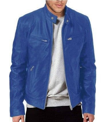 image-Men's Leather Motorcycle Jacket Stand-Up Collar