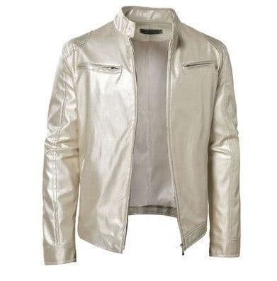 image-Men's Leather Motorcycle Jacket Stand-Up Collar