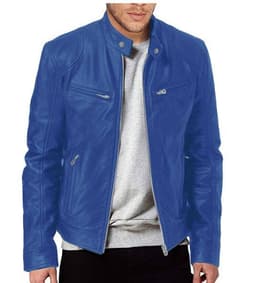 image-Men's Leather Motorcycle Jacket Stand-Up Collar