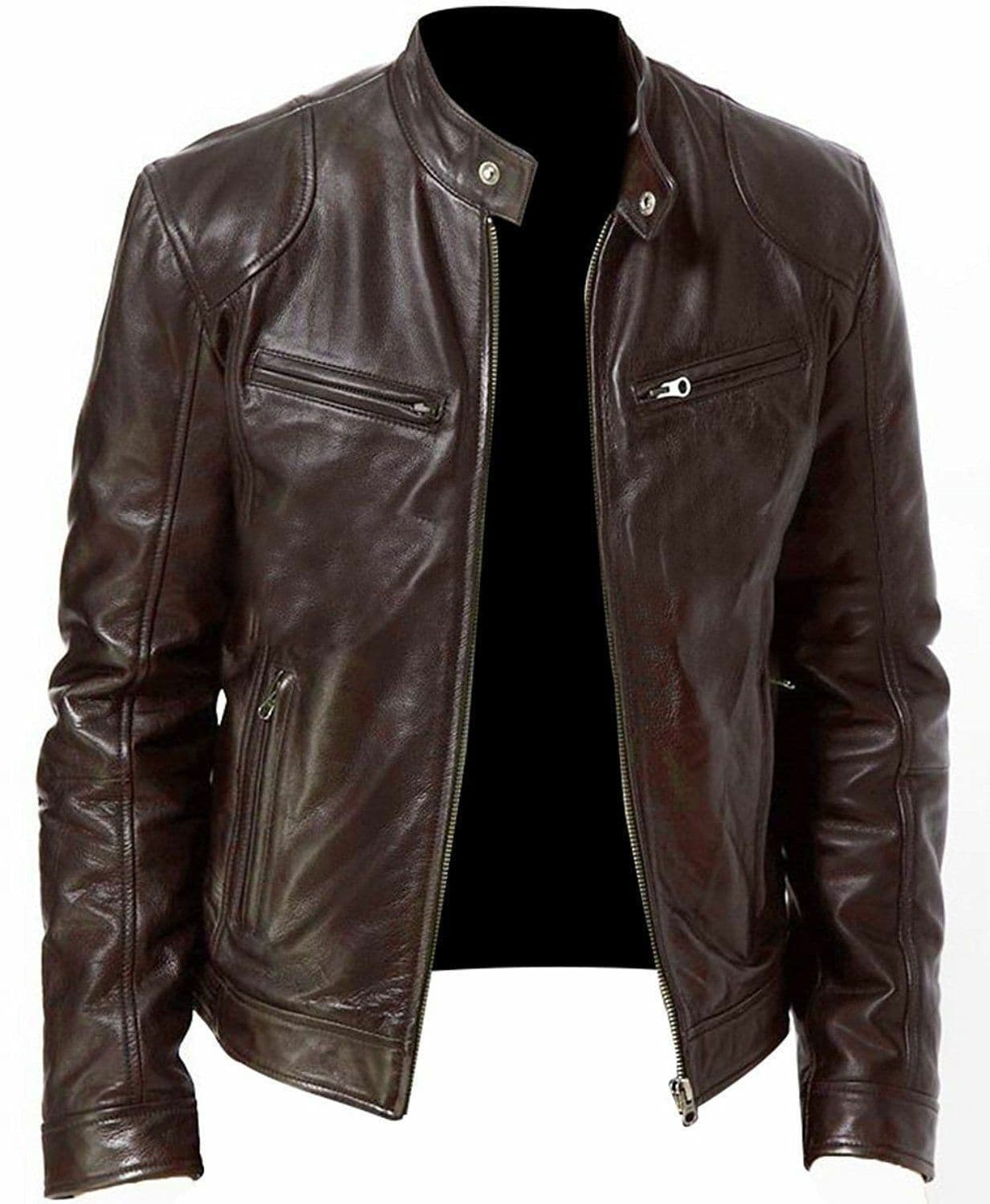 image-Men's Leather Motorcycle Jacket Stand-Up Collar