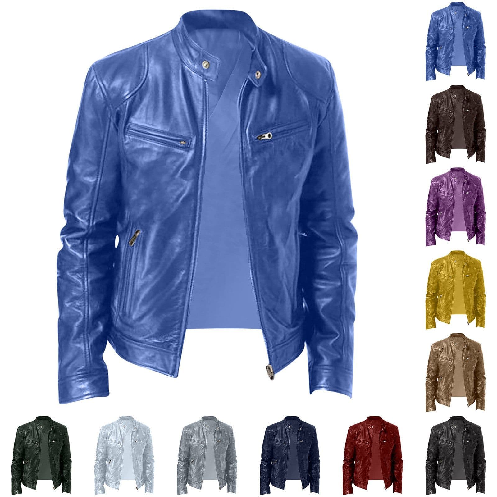 image-Men's Leather Motorcycle Jacket Stand-Up Collar