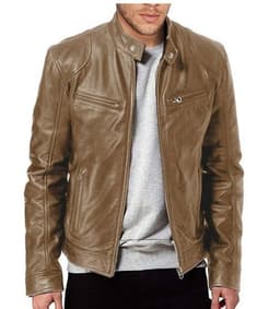 image-Men's Leather Motorcycle Jacket Stand-Up Collar