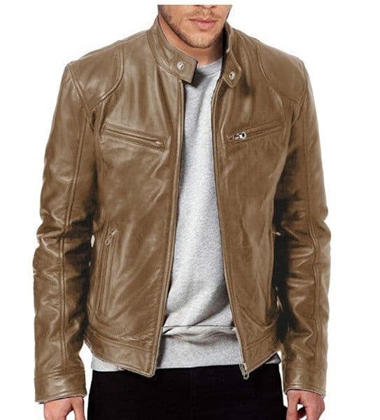 image-Men's Leather Motorcycle Jacket Stand-Up Collar