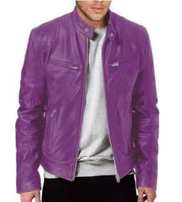 image-Men's Leather Motorcycle Jacket Stand-Up Collar