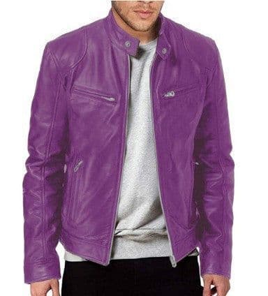 image-Men's Leather Motorcycle Jacket Stand-Up Collar