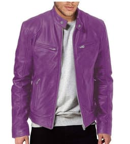 image-Men's Leather Motorcycle Jacket Stand-Up Collar