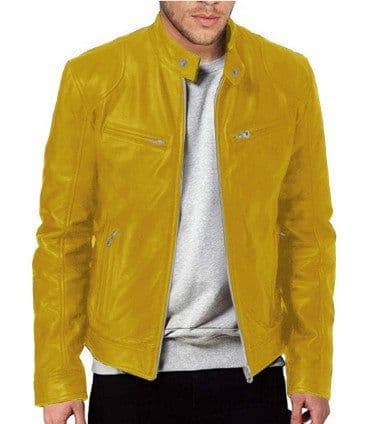 image-Men's Leather Motorcycle Jacket Stand-Up Collar
